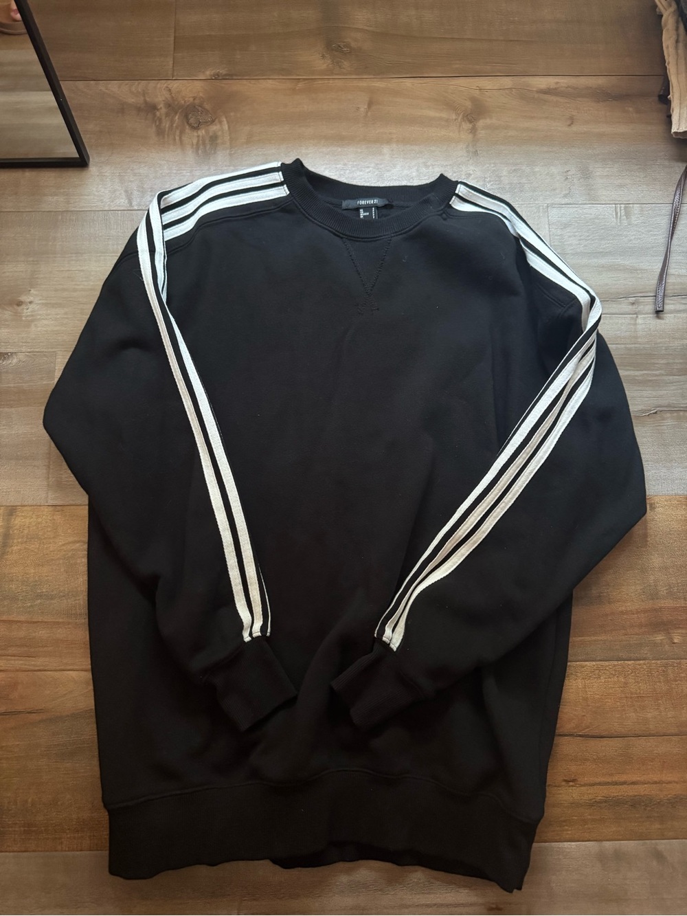 Forever 21 Black Crewneck Sweater with White Sleeve Stripes